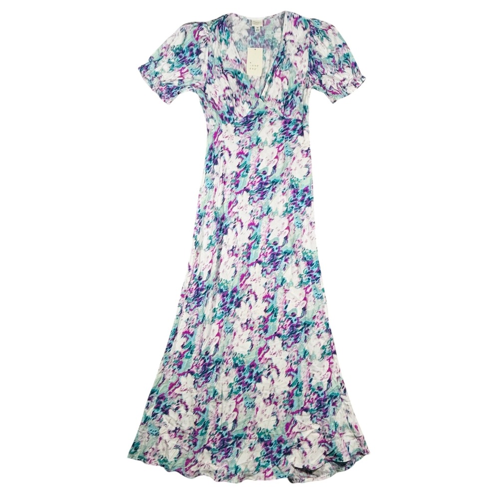 A New Day Maxi Dress Womens XS Blue Floral Puff Sleeve V-Neck‎ Abstract Print